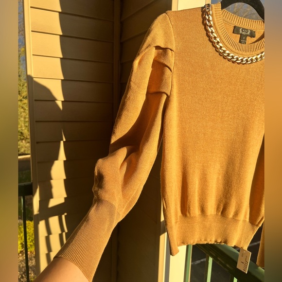 🆕 AZI New York Mustard Gold Chain-Neck Puff Sleeve 100% Cotton Sweater Size S - Picture 8 of 16
